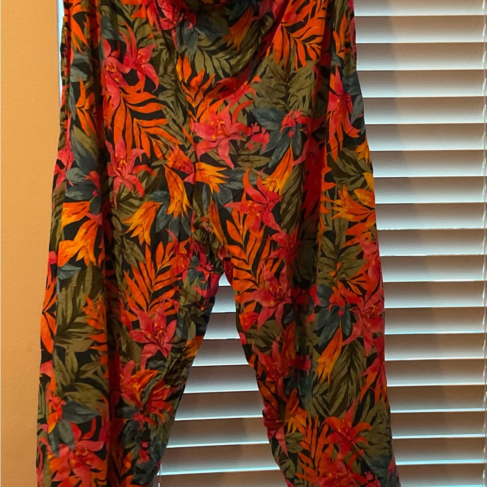 Tropical Floral Wide-Leg Women's Pants- Green & Orange